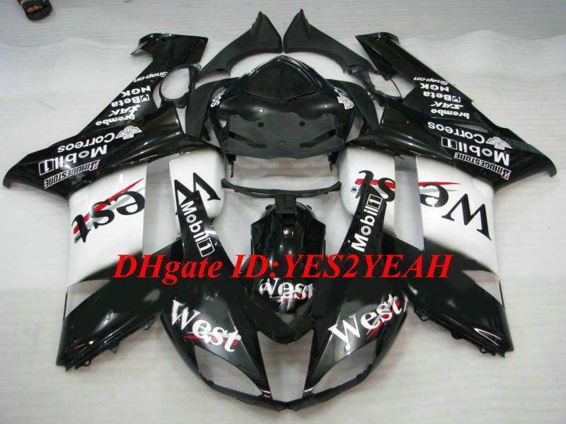 Custom Motorcycle Fairing Kit för Kawasaki Ninja ZX6R 636 07 08 ZX 6R 2007 2008 ABS West White Black Fairings Set + Presenter KB04