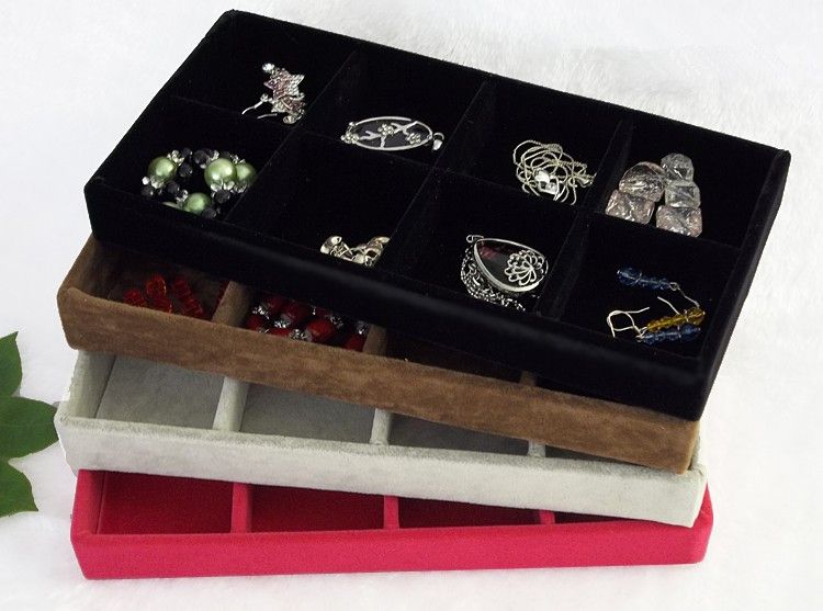 Plateau organisateur de bijoux en velours glacé, de 3 pièces, 8 grilles, Rose rouge noir gris marron, présentoir de bijoux en velours, boîte cadeau 84545786499308