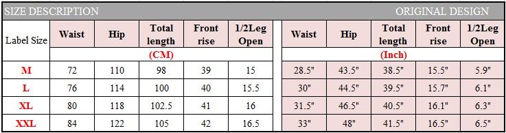 Size Chart For Mens Joggers