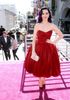 Katy Perry Hot Red Velvet Sweetheart pieghe la lunghezza del tè Celebrity Gown Cocktail Dress sera