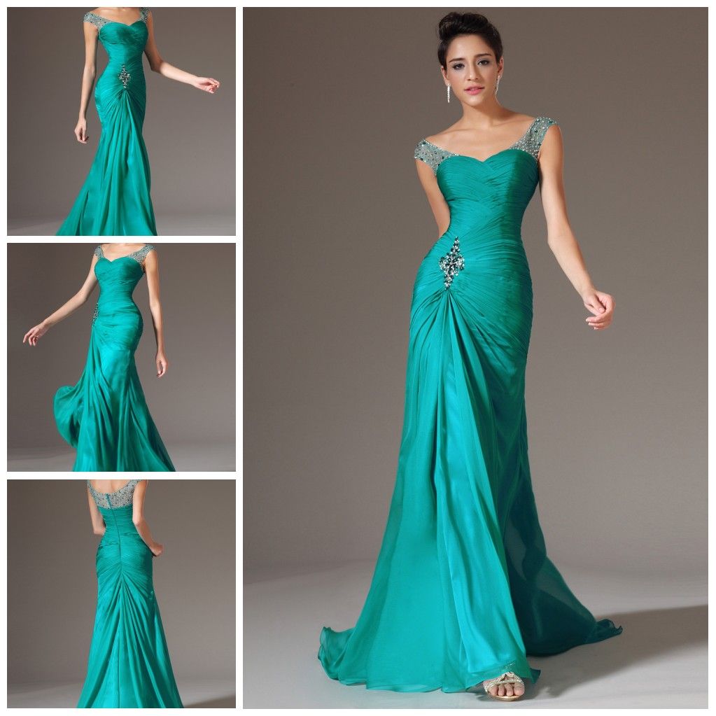 Real Pretty Beaded Cap Sleeve Ruched Chiffon Long Peacock Party Prom ...
