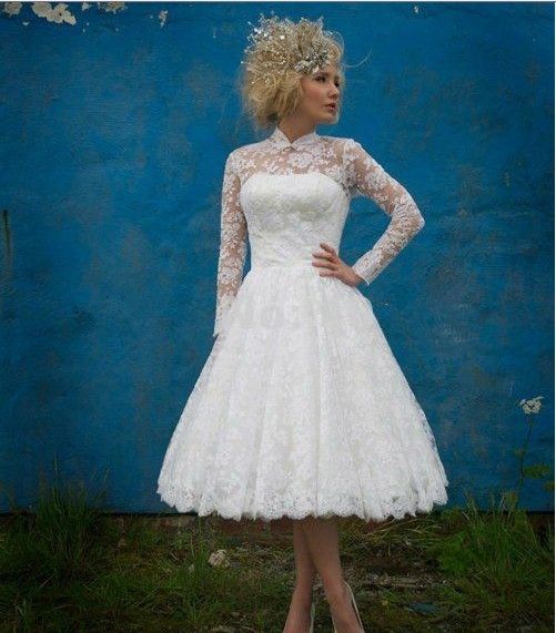 Hot Sales Best White Knee Length Cocktail dress Long sleeves Bridal gown Lace Keyhole back A Line Other Wedding Dresses