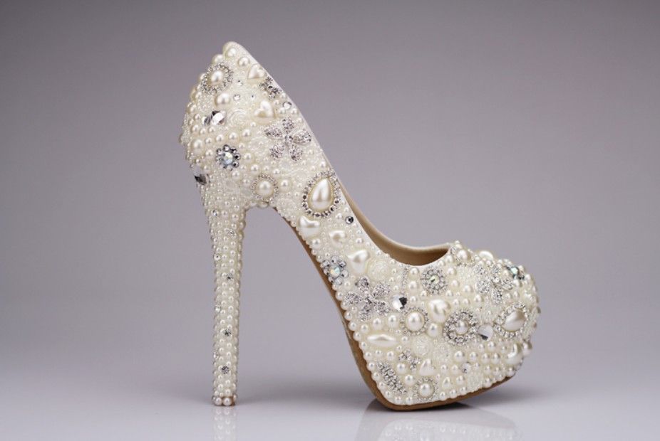 Sweet Pearl Crystal Beaded Round Toe Ladys Formal Shoes Womens High