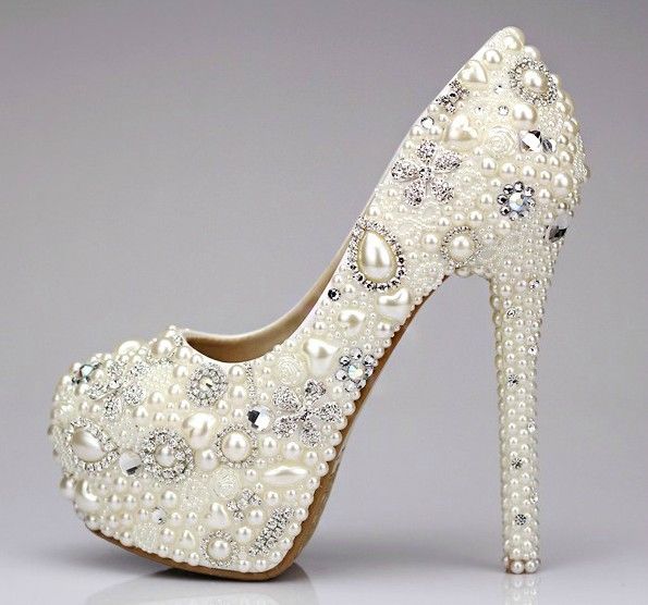 Sweet Pearl Crystal Beaded Round Toe Ladys Formal Shoes Womens High