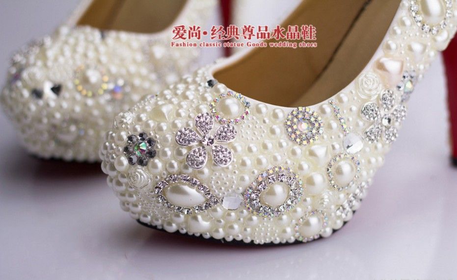 Sweet Pearl Crystal Beaded Round Toe Ladys Formal Shoes Womens High