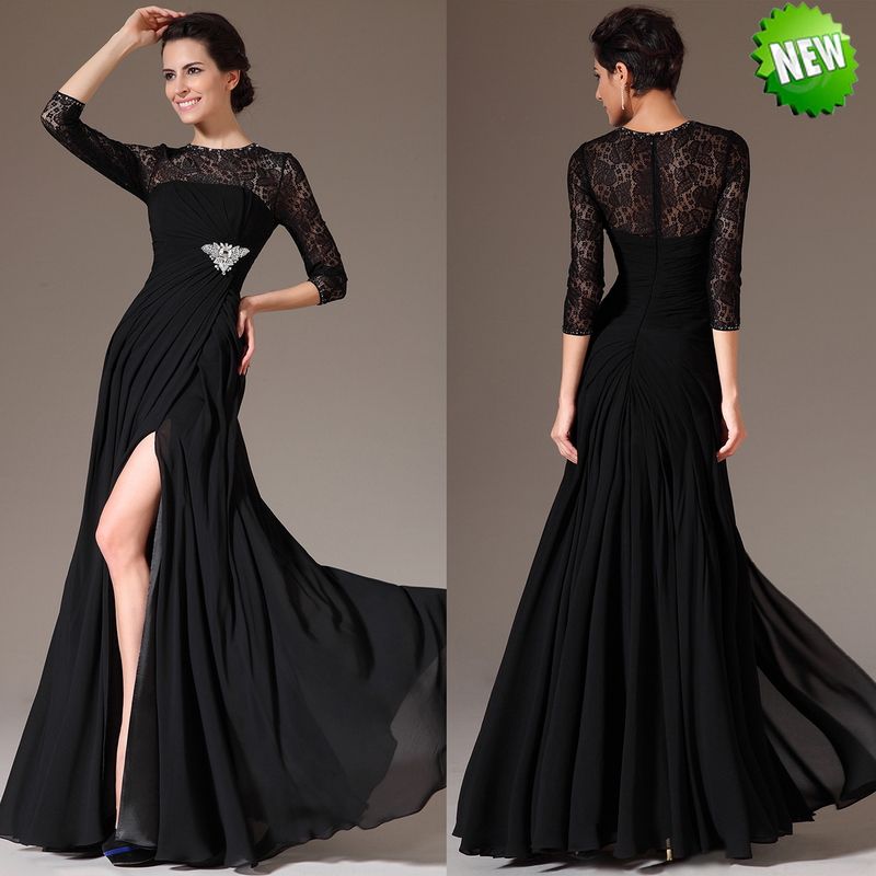 2014 Hot Sale 3/4 Long Sleeve Prom Dresses Mermaid Jewel Neckline Black ...