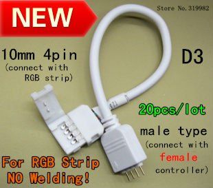 no welding Connector cable for 5050 RGB Strip Male Type 10mm 4pin LED RGB Needn't soldering Connector wire cable, Free Ship 10pcs