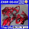 red black 7gifts For KAWASAKI 2000 2001 2002 ZX6R Free Customized MY7132 black flames ZX636 ZX-636 ZX-6R 00 01 02 ZX 6R 636 Fairing Ki