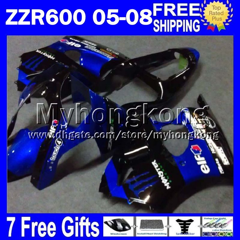 7gifts لKAWASAKI ZZR 600 05 06 07 08 636 ZZR600 مخصص MY1390 مصنع ZX636 الأزرق ZZR600 2005 2006 2007 2008 Fairings للأزرق أسود