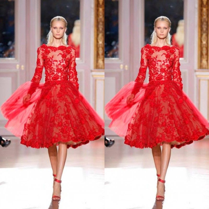 Sexy Zuhair Murad A-Linie Tüll Spitze Kurze Teelange Cocktailkleider Abendkleider Ballkleider mit Bateau-Reißverschluss Lange Ärmel303P