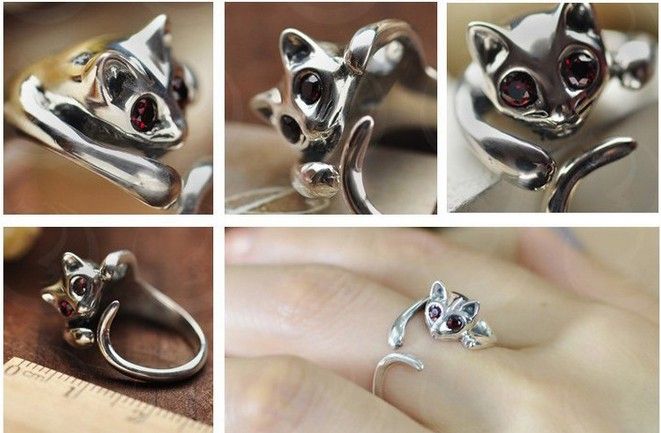 Adjustable Cat Ring Animal Fashion Ring With Rhinestone Eyes djustable and Resizeable
