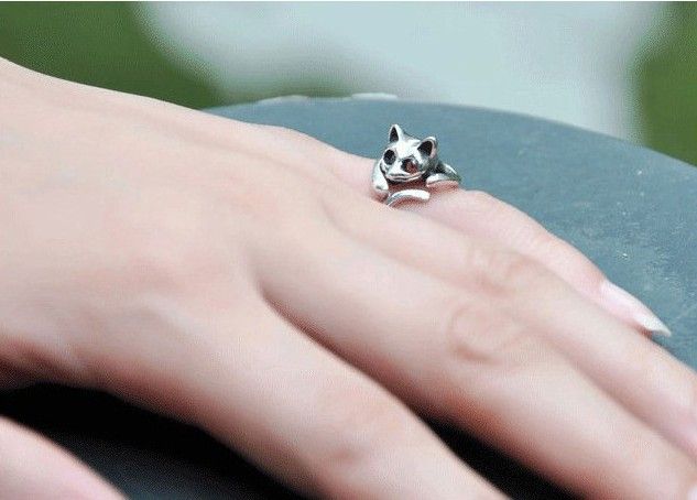 Anneau de chat réglable Bague de mode animale avec des yeux en strass ajustable et redimensionnable