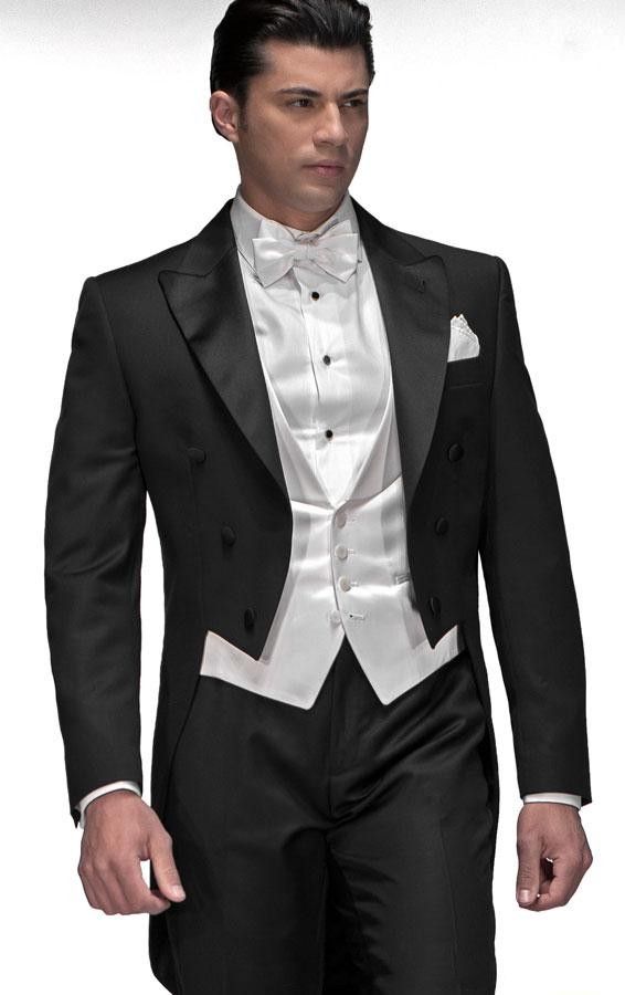 2015 TailCoat Black Double-Breasted Groom Tuxedos Peak Lapel Najlepsze Mężczyzna Groomsman Mężczyźni Garnitury Ślubne Oblubienica Kurtka + Spodnie + Kamizelka + Kamizelka J163