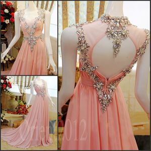Swarovski Gowns großhandel-Charmante erstaunliche Swarovski Kristalle Abschlussballkleid Rosa Fußboden Längen Chiffon formale Abend Partei Kleid Abschlussball Kleider