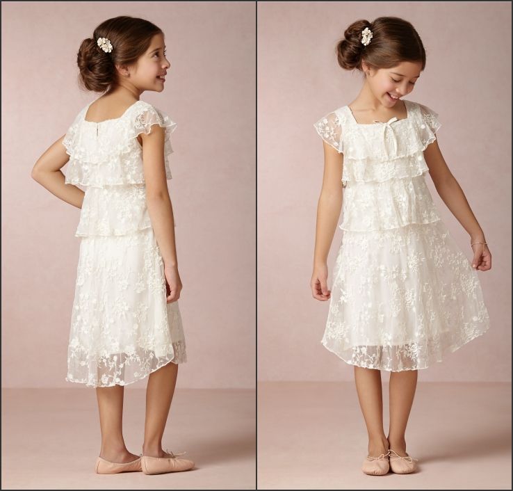 Vintage Sweet A Line Lace Flower Girls Dresses Square Tea Length With