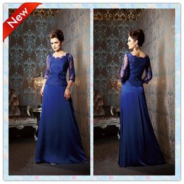 Royal Blue Scoop With 3/4 Sheer Lace Sleeves Jacket Mother Of The Bride Dresses Plus size Lace Applique Formal Evening Dresses Dress