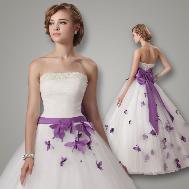 

Vestidos de Novia 2015 Wedding Dresses White Strapless Ball Gown Floor Length Dress Bow Ribbon Beaded Pearls Purple Butterfly Bridal Gowns