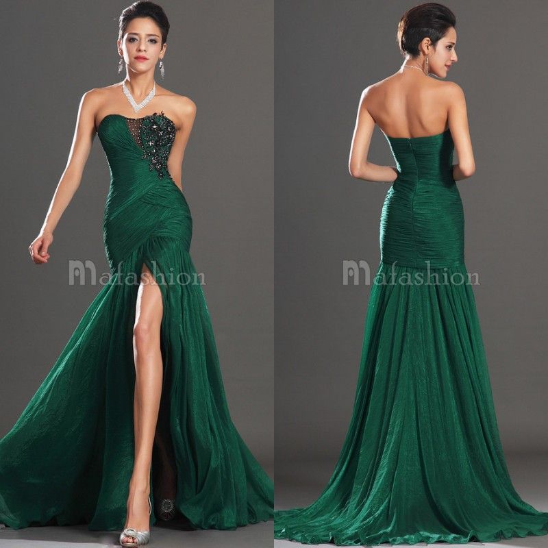 Sexy Pleats Appliques Beaded Mermaid Chiffon Front Slit Evening Gowns/Prom Dresses With Sweetheart Zipper Court Train