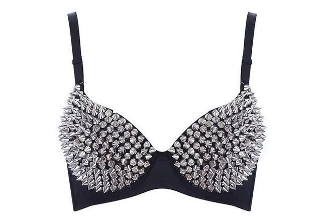 

Cheap Unique Rivet Bra Women Party Disco All-over Spike Stud Design Bra Metallic Punk Dance Bra Gloden Sliver, Silver