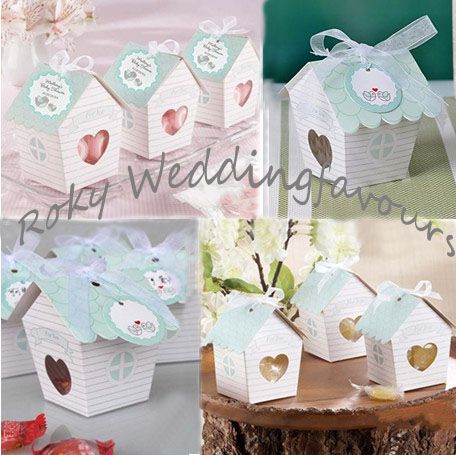 Livraison gratuite 100 pièces belle maison d'oiseau boîtes de faveur paquet de bonbons pour les faveurs de fête de mariage boîtes maison papier boîtes de bonbons avec ruban et étiquette