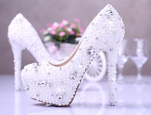 Weiße elegante Flitterwochen-Imitationsperlen-Hochzeitskleid-Schuhe, wunderschöne Brautschuhe, 14 cm Super-High-Heel-Kleid-Schuhe, kostenloser Versand