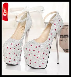 2014 Ny Luxury Diamond Studded Prom Gown Ankel Strappy Skor Bröllop Brud Super High Platform Silver Gold 19cm Heels Eppacket Gratis frakt