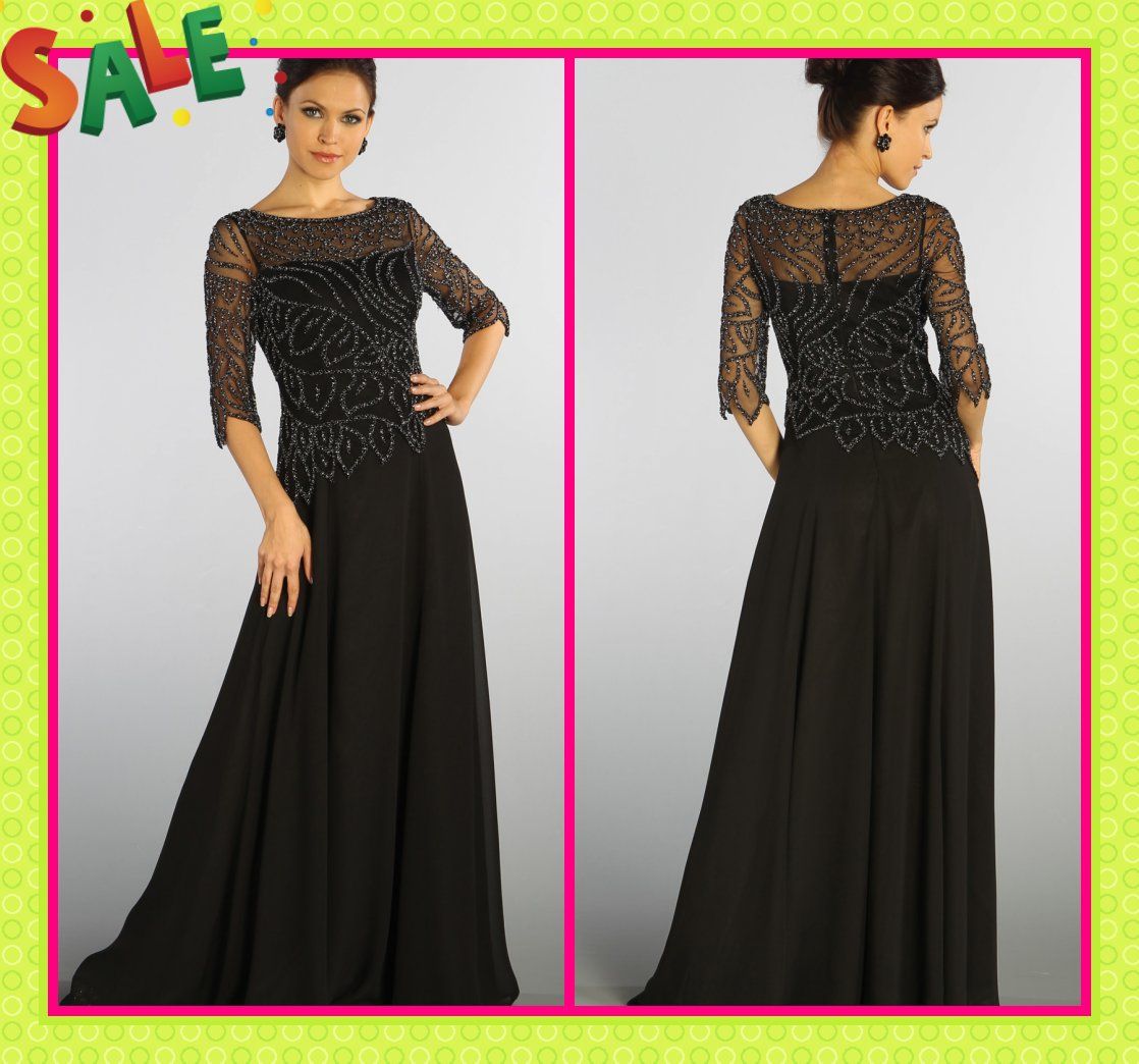 Vente chaude Noir Sexy Bretelles Sheer Mère De La Robes De Mariée Avec Manches 3/4 Perles Veste Perlée Mère Formelle Soirée Robe De Bal