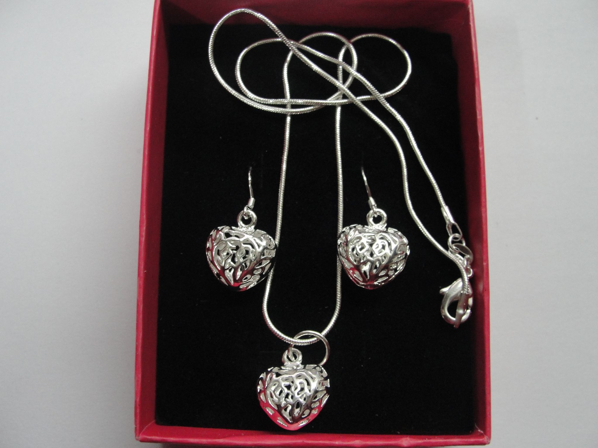 

best gift 925 silver earrings hollow heart pendant snake chain necklace + earrings set 10set/lot