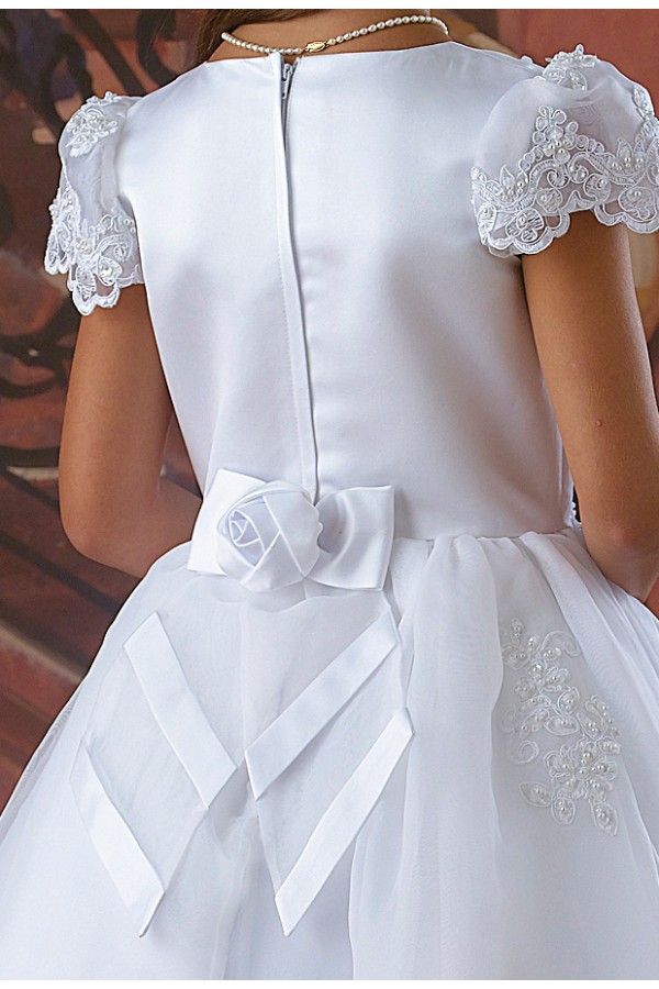 2019 White First Communion Dress Flower Girls' Dresses for Wedding With A-Line Capped Short Sleeve Bow Sash Appliques Lace Beads Tea-Length