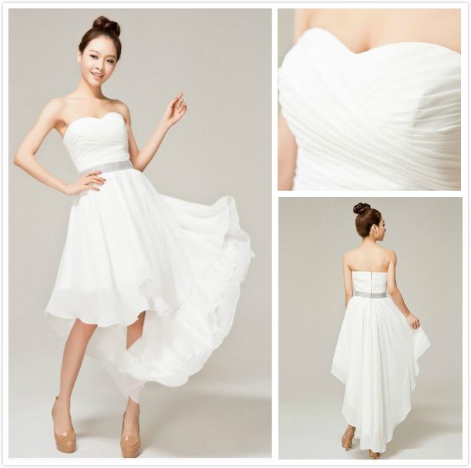 Cheap Custom made simple strapless sheath column ruffles Hi-lo bridesmaid dresses made by chiffon