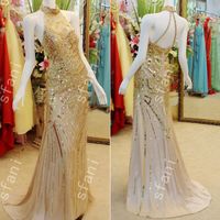 Wholesale Best Selling Design Fashion Party Beaded Mermaid High Collar Gold Party Floor Length Prom Dresses Pageant Gowns Xi8