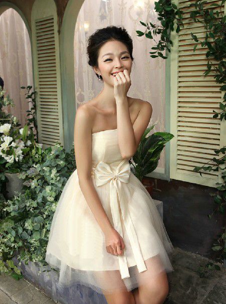 Free shipping New arrival Champagne tulle Strapless bow A-line Above knee /short /MIni Cheap Bridesmaid Dresses real dress picture