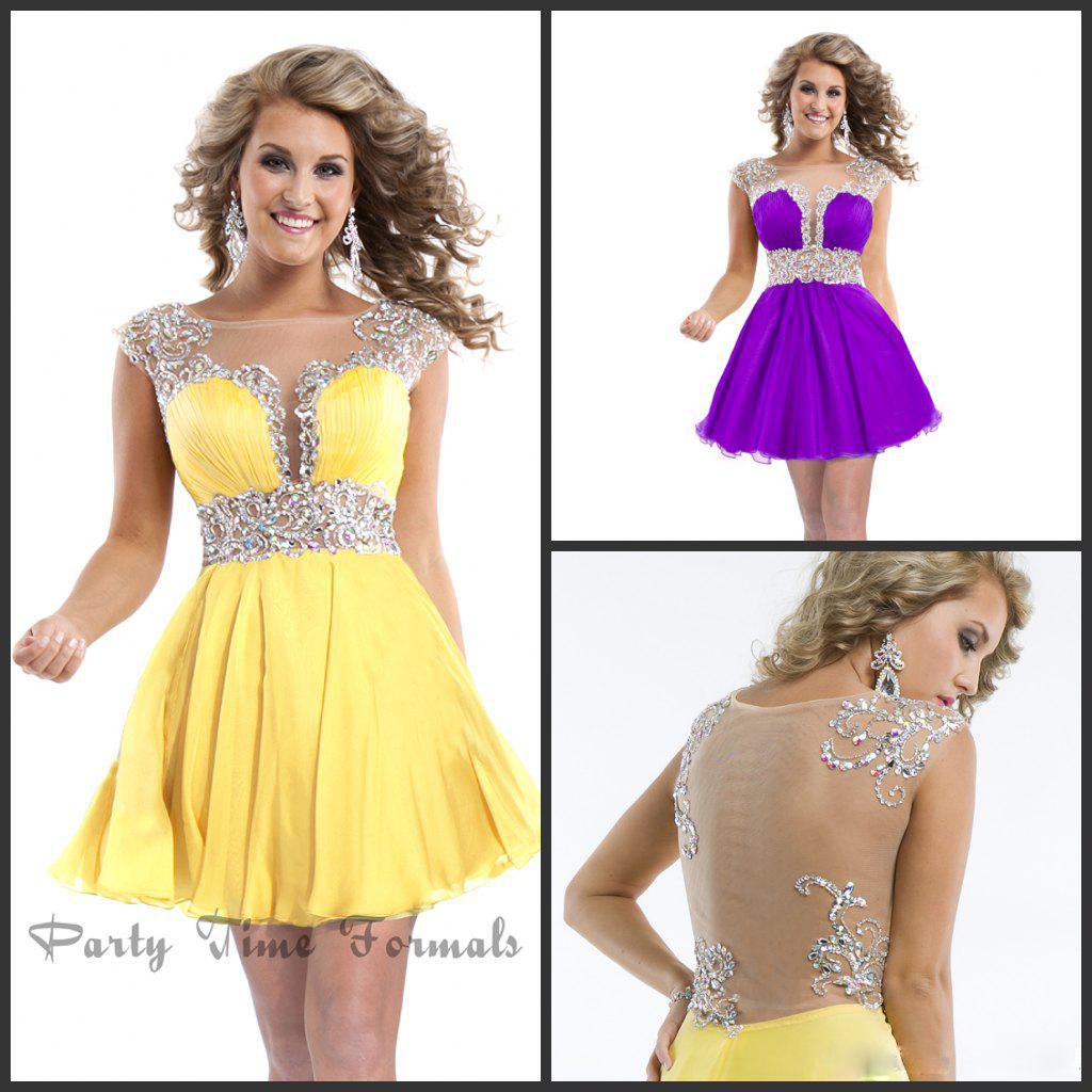 2014 Short Prom Dresses Under 100 Yellow A Line Chiffon Gowns Shiny