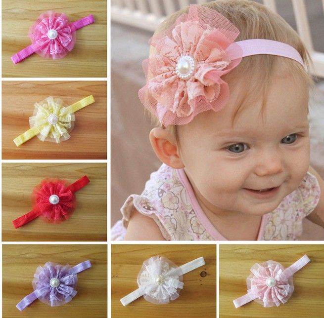 Hot Sale Hair Accessories For Infant Baby Lace Big Flower Pearl Princess Babies Girl Hair Band Headband Baby's Head Band Kids Hairwear QZ406