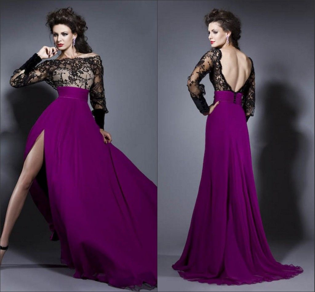 2014 Amazing Black Lace Purple Chiffon Side Slit A Line Cocktail ...