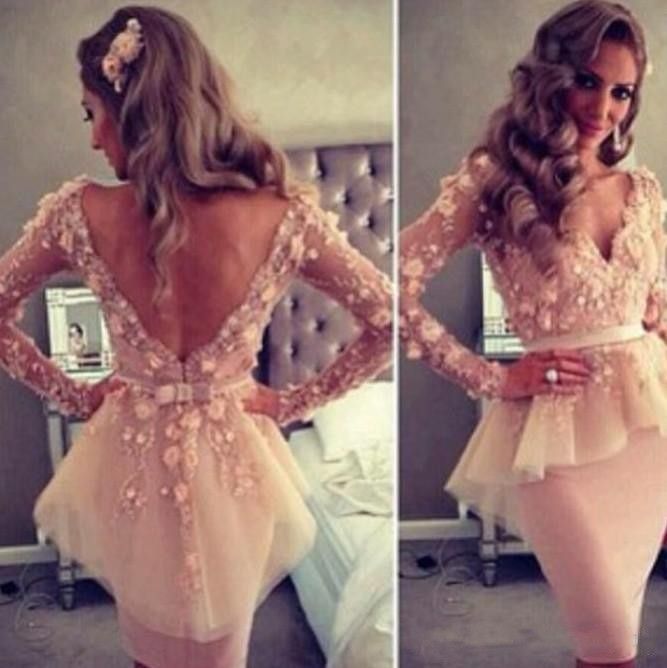 Champagne Prom Dresses Lace 3D Floral Long Sleeves V Neck V Back Knee Length Elegant Short Cocktail Party Dress Peplum Evening Gowns