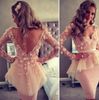 Champagne Prom Dresses Lace 3D Floral Long Sleeves V Neck V Back Knee Length Elegant Short Cocktail Party Dress Peplum Evening Gow4311055