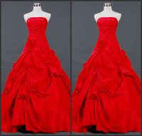 Wholesale Charming Noble A Line Strapless Chapel Train Red Taffeta Pick Up Wedding Dresses Handmade Flowers Lace Up Strapless Wedding Gowns Bridal