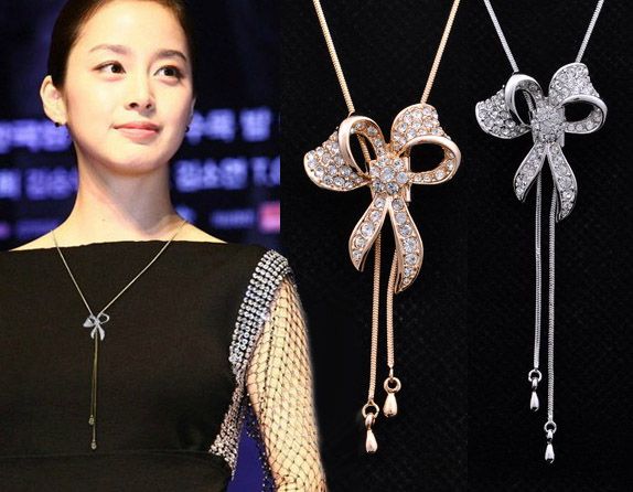 bow-knot sweater chain, long sweater necklace,18K gold plated crystal rose /silver color jewelry sets for new 2013 women