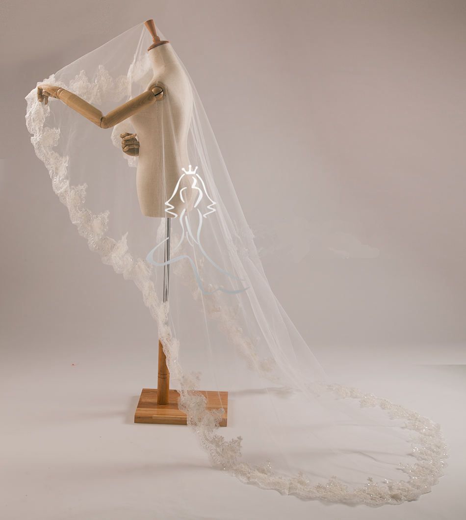 Voiles de mariée de haute qualité blanc dentelle luxueuse 3 mètres une couche paillettes dentelle fleurs église voile de mariage new7101991