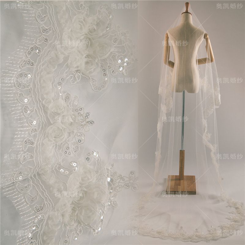 Voiles de mariée de haute qualité blanc dentelle luxueuse 3 mètres une couche paillettes dentelle fleurs église voile de mariage new8891755