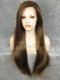 30" Extra Long #8/27 Highlighted Brown Silky Straight Heat Friendly Synthetic Hair Lace Front Wig
