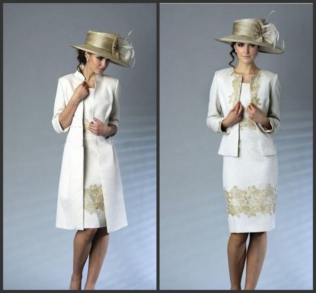 

New Ivory Satin With Gold Lace Mother Of The Bride Dresses With Jacket Scoop Neck 3/4 Long Sleeve Gold Lace Appliques Wedding Party Dress