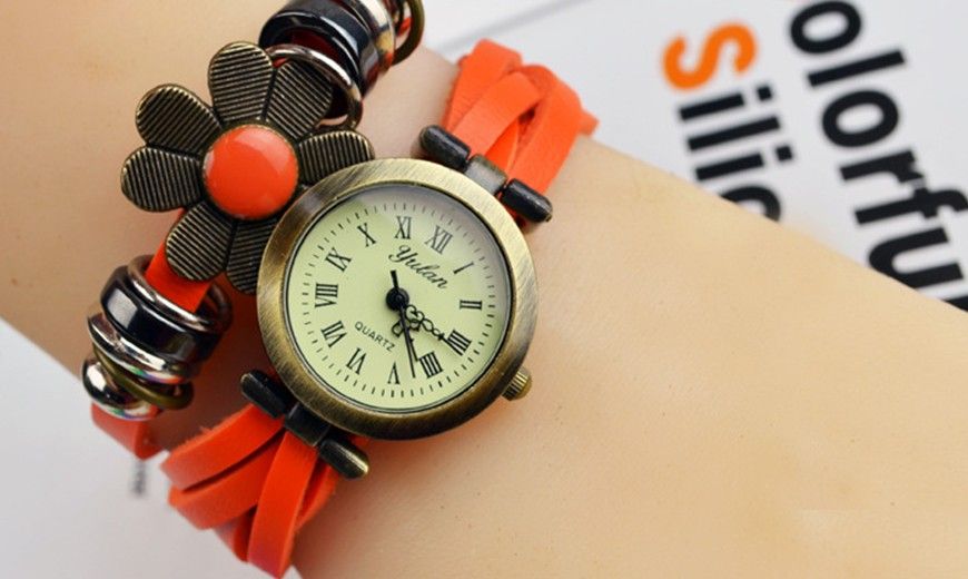 Fashion Women Leather Quartz Wrist Watch Weave Bracelet Lady Flower Round Dial Charming 50pcs DHL Free Shipping