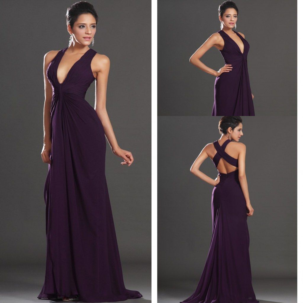 Affordable Mermaid Deep V-neck Floor Length Purple Chiffon Evening Dresses Low Back Discount Evening Gowns Pleats Elegant Prom Dresses