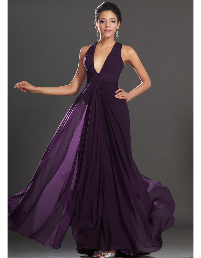 Affordable Mermaid Deep V-neck Floor Length Purple Chiffon Evening Dresses Low Back Discount Evening Gowns Pleats Elegant Prom Dresses