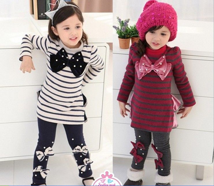 Kids Clothes Set Long Sleeve Stripe Dress + Leggins Pants Baby Girl ...