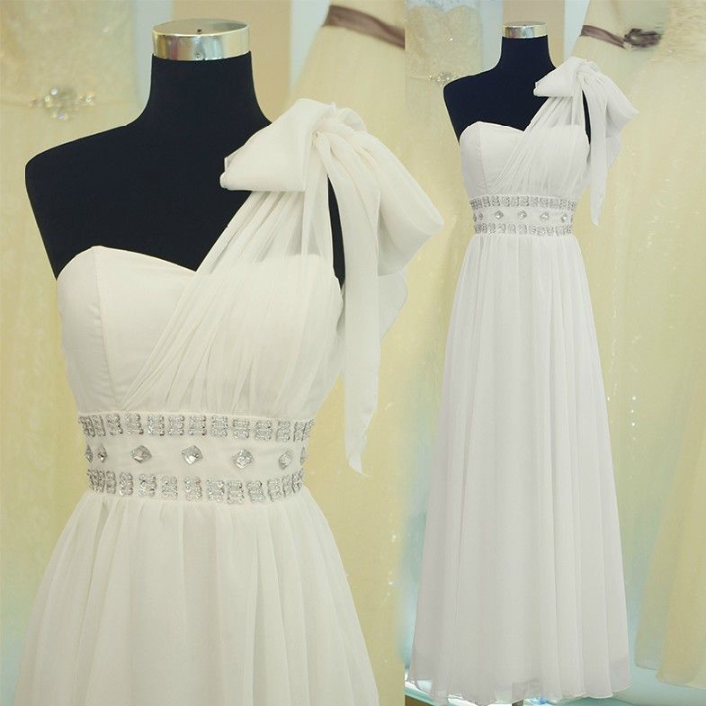 A-line Bridesmaid/Evening/Prom Dresses Empire One-shoulder Hand made flower Crystal Beaded Floor Length Chiffon Bridesmaid Dress
