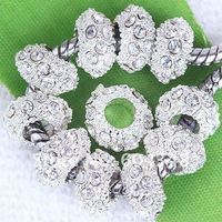 11mm Rensa Rhinestone Crystal Pärlor, Rondelle Spacers, Metal Silver Plated Crystal Big Hole European Beads Fit Bracelets-100pcs