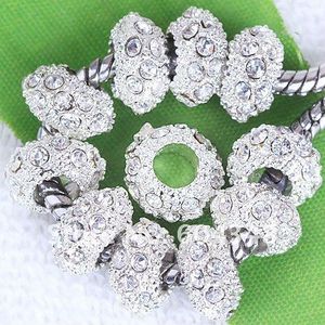 11 mm klare Strass-Kristallperlen, Rondell-Abstandshalter, versilbertes Metall, großes Loch, europäische Perlen für Armbänder, 100 Stück